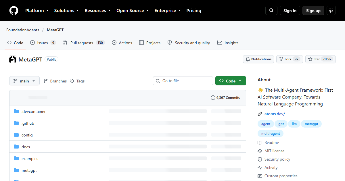 Screenshot of the MetaGPT official website