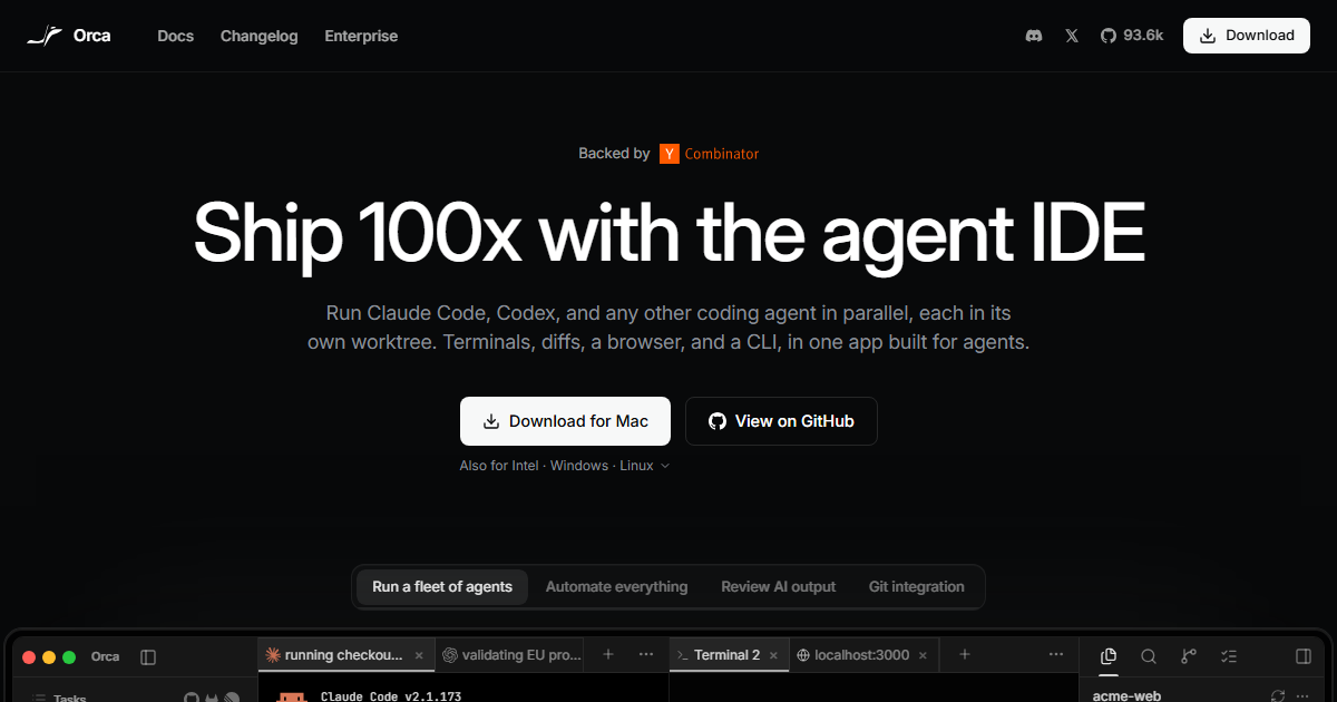 Screenshot of the Orca official website