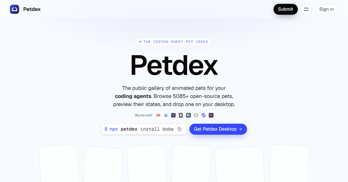 Screenshot of the Petdex official website